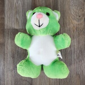 Vtg‎ Acme Lime Green Teddy Bear White Belly Pink Nose Plush Stuffed Animal 9"